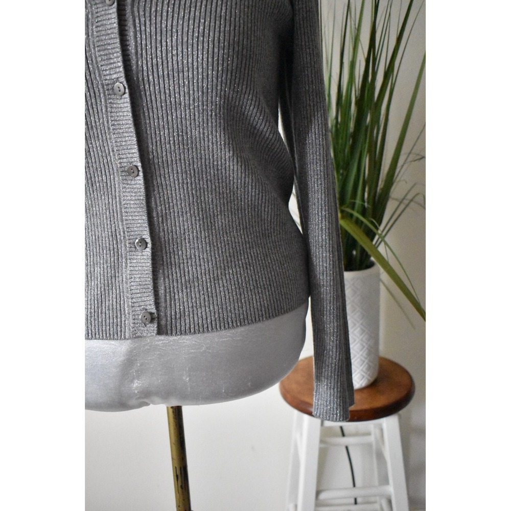 Classiques Entier Cardigan Sweater Women L Silver Y2K Metallic Ribbed V-Neck - Picture 3 of 9